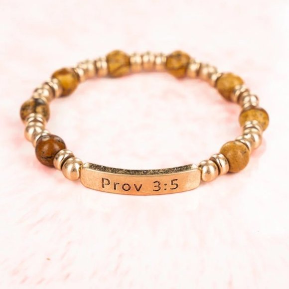 *  NWT BOUTIQUE* NATURAL GOLDTONE 'PROV 3:5' BEADED STRETCH BRACELET - Picture 1 of 1